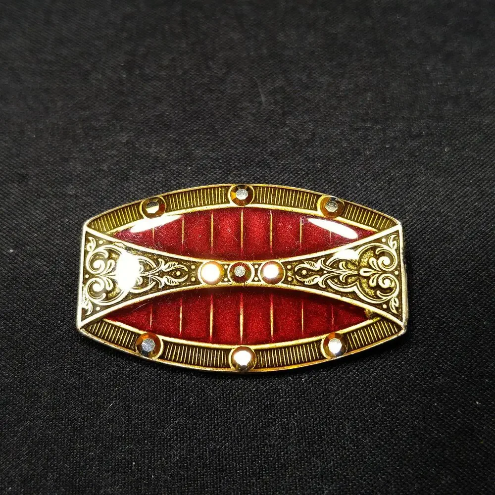 Catherine Popesco Red Enamel Art Deco Brooch, Rhinestones Under Enamel, France